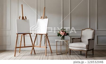 Elegant Art Studio with Blank Canvases and Vintage Chair 128532046