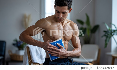Athletic Man Applying Cold Pack for Muscle Recovery 128532047