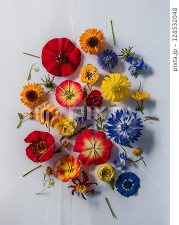 A Beautiful Arrangement of Colorful Pressed Flowers in a Flat Lay Style 128532048