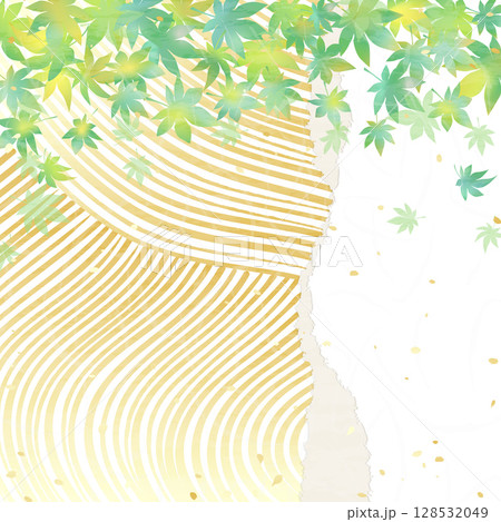 金色の波紋に青紅葉　和紙風の背景イラスト 128532049
