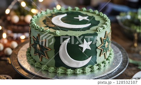 Pakistan Independence Day Celebration Cake in Festive Green Decor 128532107