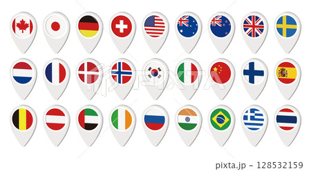 各国の地図ピンアイコンセット 国旗 ベクターイラスト 128532159