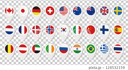 Map pin icon set of each country's flag Vector illustration 128532159