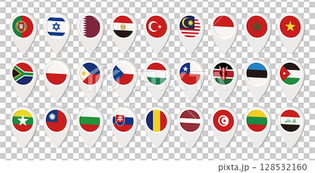 各国の地図ピンアイコンセット 国旗 ベクターイラスト 128532160