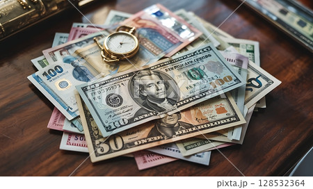 Wealth and Time: A Pile of Money with Watch 128532364