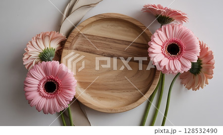 Minimalist flat lay featuring wooden plate and pink gerbera flowers. Minimalist flat lay featuring wooden plate and pink gerbera flowers. 128532490