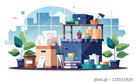 Regularly declutter and purge unused or excess materials, maintaining a clean and functional workspace. 128532929