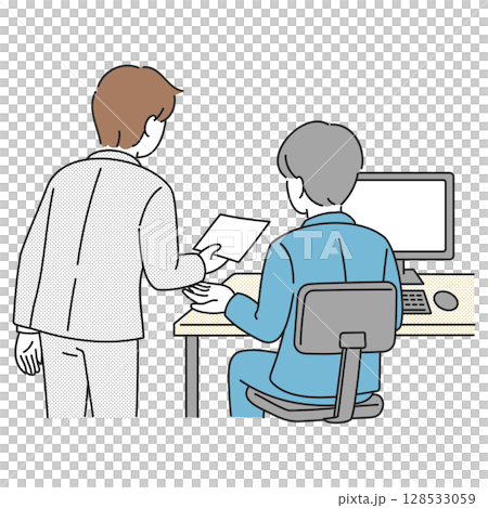 デスクで書類を受け取るビジネスマンのイラスト（後ろ姿） 128533059