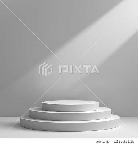 Two-tier white podium on a light gray background. Generative AI Two-tier white podium on a light gray background. Generative AI 128533119