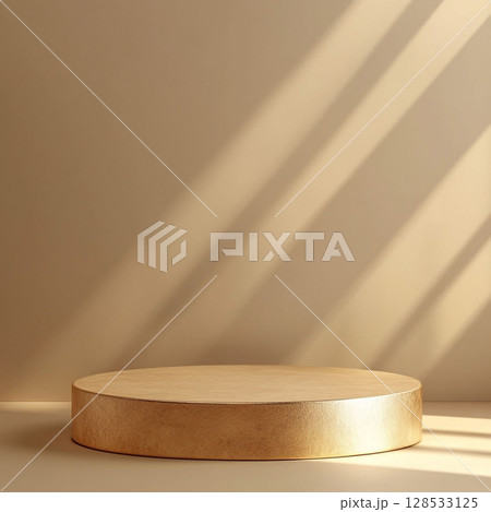 Golden cylindrical podium with window shadows. Generative AI 128533125