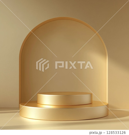 Two-tiered golden podium with an arched backdrop. Generative AI 128533126