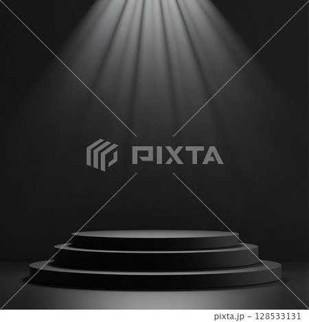 Black three-tiered podium with light rays from above. Generative AI 128533131