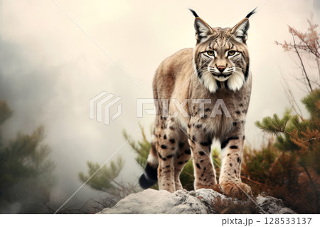 Eurasian lynx walking in natural habitat. Wildlife scene. Generative AI Eurasian lynx walking in natural habitat. Wildlife scene. Generative AI 128533137