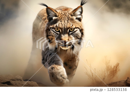 Eurasian lynx walking in natural habitat. Wildlife scene. Generative AI 128533138
