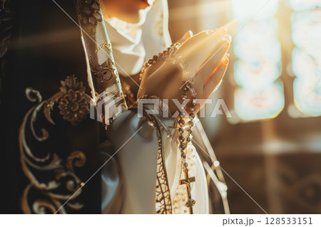 A woman holds a cross in her hands and prays intently in a Christian church, AI generation 128533151