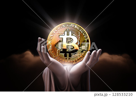 Bitcoin in the white hands of a closeup, generative ai 128533210