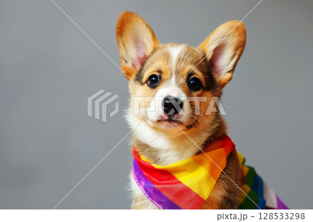 Corgi dog in pride parade. Concept of LGBTQ pride. AI generated 128533298