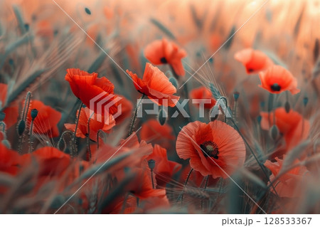 Beautiful Poppies flowers summer landscape - field full of red Poppies flowers, AI Generated 128533367