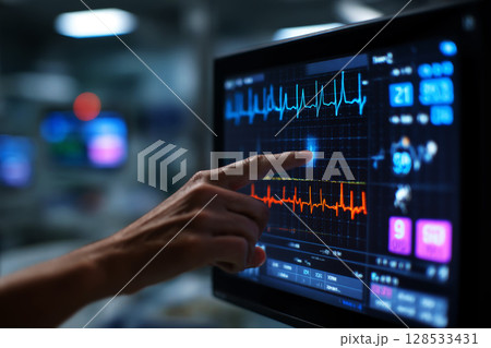 EKG Medical monitor displaying heart rate with finger hand touching machine. 128533431