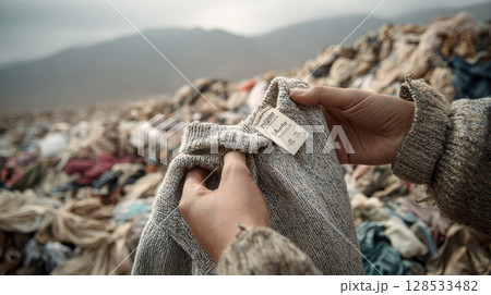 A close-up shot of hands holding up a light grey sweater on mountain of discarded textiles and clothing that stretches across the arid Chilean desert landscape. The vastness of the Atacama Desert 128533482