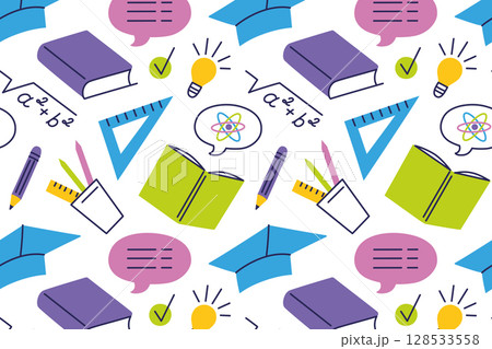 Flat cartoon vector pattern with education and science elements. Seamless background with books, rulers, formulas, graduation cap, light bulb icons, check marks. Academic and school design Flat cartoon vector pattern with education and science elements. Seamless background with books, rulers, formulas, graduation cap, light bulb icons, check marks. Academic and school design 128533558