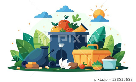 Compost food scraps and yard waste to divert organic materials from landfills, reducing plastic-based waste. 128533658