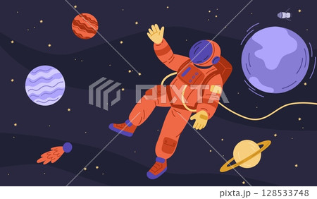 Astronaut in outer space among stars. Cosmonaut in spacesuit. Cosmic planets. Comets or meteorites. Galaxy discovery. Universe exploration. Spaceman in weightlessness. Vector concept Astronaut in outer space among stars. Cosmonaut in spacesuit. Cosmic planets. Comets or meteorites. Galaxy discovery. Universe exploration. Spaceman in weightlessness. Vector concept 128533748