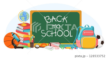 Back to school. Students stationery and books. Note board. Backpack with office supplies. College education. Class blackboard. Microscope and ball. Knowledge learning. Vector concept 128533752