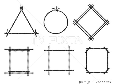 Bamboo frames. Hawaiian signboards. Triangular or square board. Round black silhouette framework. Segmented tree trunks. Asian tied sticks. Chinese botanical geometric borders vector set 128533765