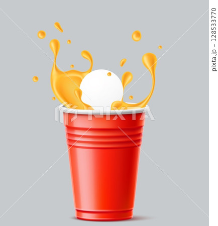Beer pong white ball drops into red plastic cup. College party game. Liquid splash. Booze challenge. Alcohol drink glass. Fun competition. Pub play throw. Bar tournament. Vector 3D object Beer pong white ball drops into red plastic cup. College party game. Liquid splash. Booze challenge. Alcohol drink glass. Fun competition. Pub play throw. Bar tournament. Vector 3D object 128533770