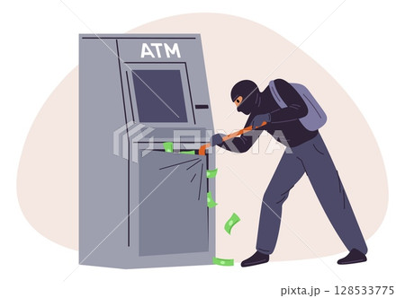 Black masked thief steals money from ATM. Robber breaks banking machine with crowbar. Financial crime. Bandit stealing dollar banknotes. Finance burglary. Savings security. Vector concept 128533775
