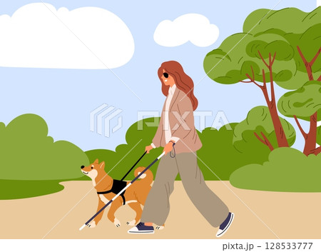 Blind woman walks with her guide dog in city park. Disabled persons outdoor stroll. Pet leading handicapped female. Trained animal companion. Handicap accessibility. Vector concept 128533777