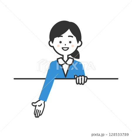 枠の上部から下を指すスーツ姿の女性イラスト 128533789