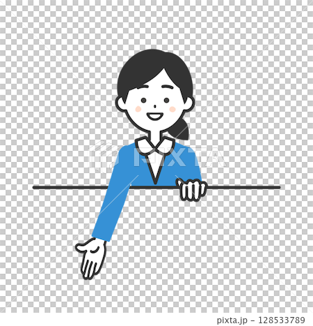 枠の上部から下を指すスーツ姿の女性イラスト 128533789