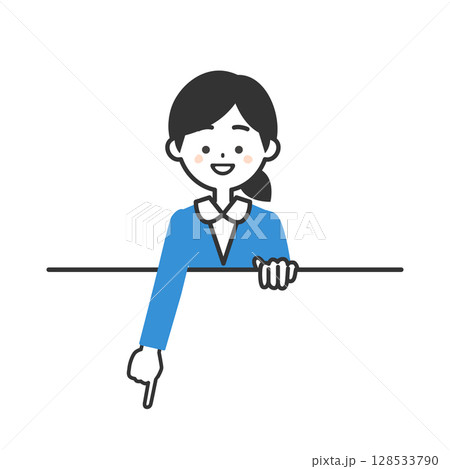 枠の上部から下のほうを指さすスーツ姿の女性イラスト 枠の上部から下のほうを指さすスーツ姿の女性イラスト 128533790
