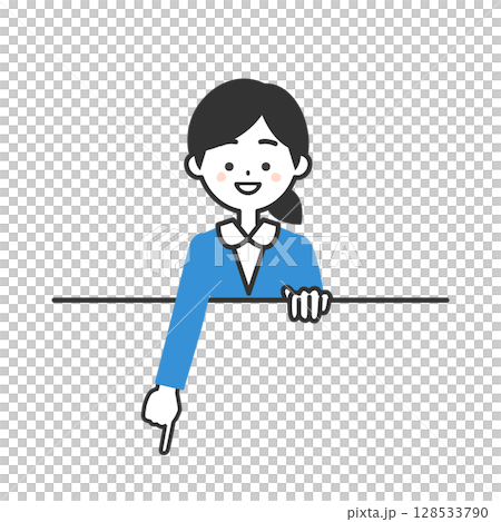 枠の上部から下のほうを指さすスーツ姿の女性イラスト 枠の上部から下のほうを指さすスーツ姿の女性イラスト 128533790