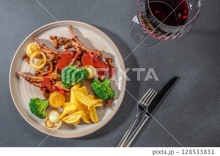 Top view of grilled lamb ribs with barbecue sauce, fries, broccoli, and seared onions, served with red wine on a dark surface 128533831