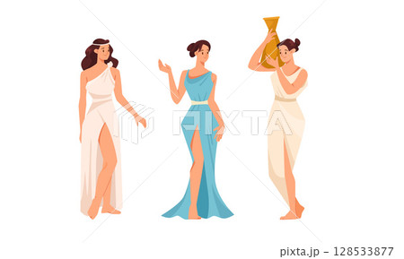 Graceful beauty is exemplified by elegant women dressed in flowing and beautiful dresses 128533877