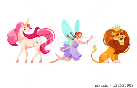 A magical unicorn, fairy, and majestic lion create a whimsical fantasy scene for children 128533902