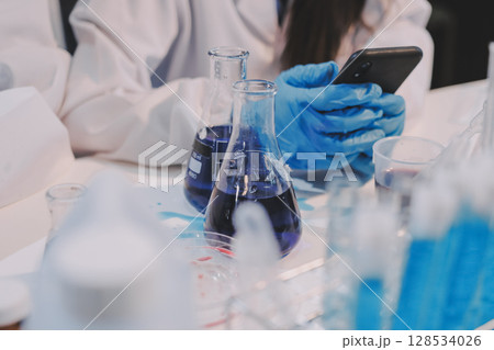 Modern Empty Science Laboratory With Microscopes, Test Tubes And Other Laboratory Equipments 128534026