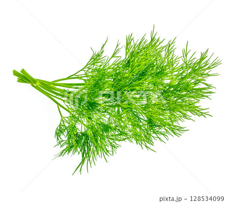 Fresh green dill herb isolated on white background, perfect for cooking, seasoning, or garnish in a variety of dishes 128534099