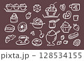 Set of sweet food black doodles white on brown background 128534155