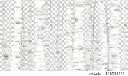 Watercolor illustration of a snowy birch forest. Quiet winter forest image background. 128534232