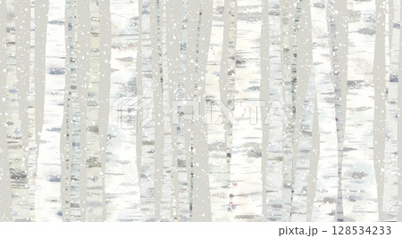 雪の降るシラカバの森の背景。静かな冬の森のイメージ。 128534233