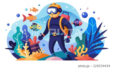 A scuba diver is an adventurer who explores the underwater world, equipped with specialized diving gear that allows them to breathe underwater. 128534434