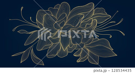 Vector golden line floral pattern, flower luxury art, vintage peony illustration. Spring bloom garden design. Vector golden line floral pattern, flower luxury art, vintage peony illustration. Spring bloom garden design. 128534435