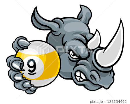 Rhino and 9 Ball Nine Ball Pool Cartoon Mascot Rhino and 9 Ball Nine Ball Pool Cartoon Mascot 128534462