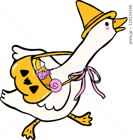 Cute Halloween Silly Goose doodle spooky running witch goose hand drawn, trick or treat 128534506