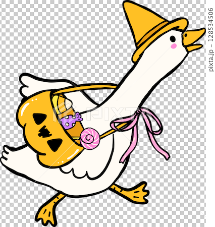 Cute Halloween Silly Goose doodle spooky running witch goose hand drawn, trick or treat 128534506