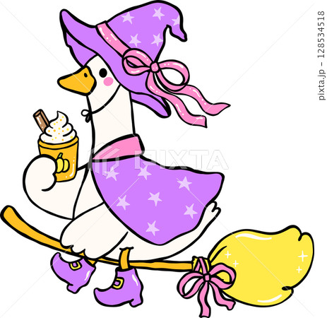Cute Halloween Silly Goose doodle spooky witch on broom hand drawn Cute Halloween Silly Goose doodle spooky witch on broom hand drawn 128534518